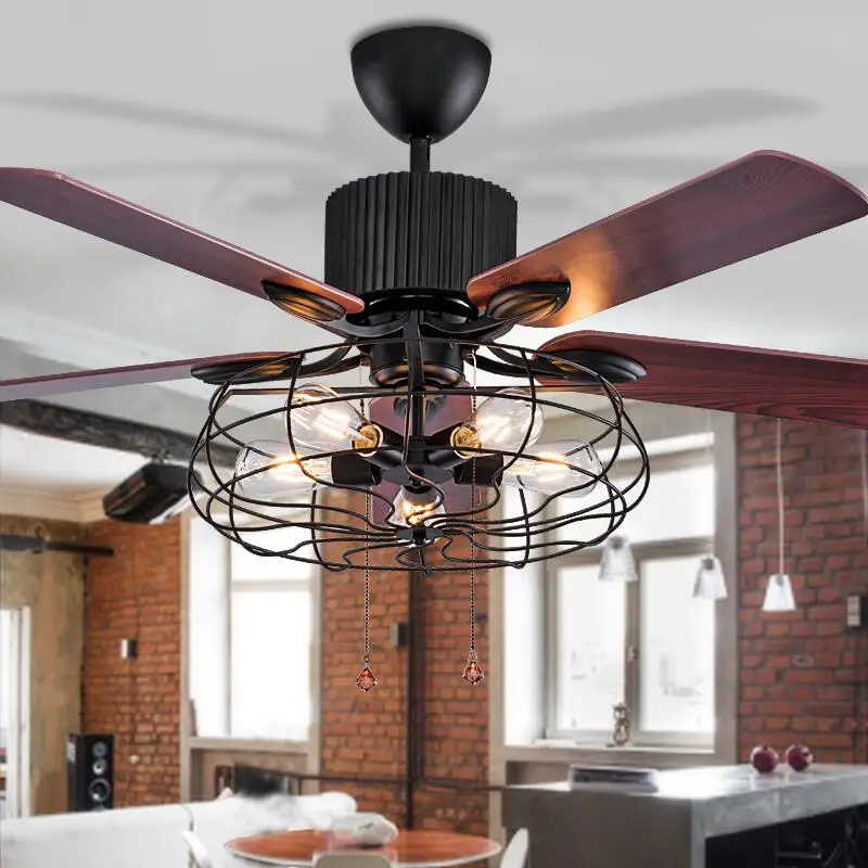High Quality Loft Fan Chandelier Retro Dining Room Household Electric Fan Mute LED Remote Leaf Lamp
