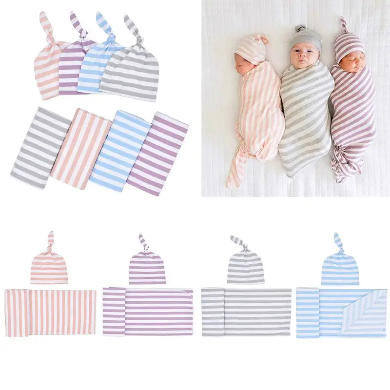 

Newborn Rayon Cotton Swaddle Sack with Baby Hat Set Stripes Printed Receiving Blanket Wrap Top Knot Stretch Cap Photography Prop