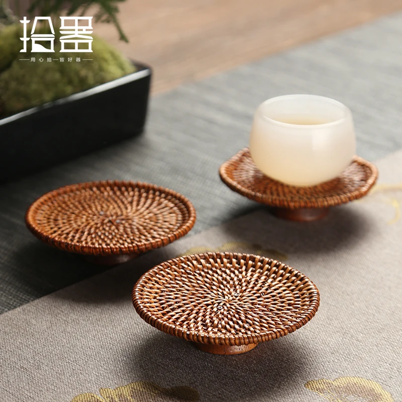 

High foot Vietnam rattan cup mat heat insulation Kung Fu tea cup mat meal mat tea ceremony rattan mat teapot support Zen tea acc
