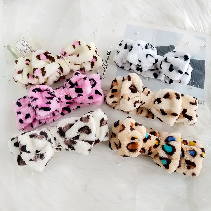 2021 Leopard Print Versatile Girl Headwear Soft Skin Care Coral Fleece Shower Facial Make Up Bow Knot Lady Gym Sports Headbands ladies headband