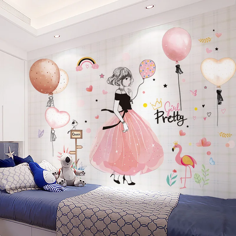 

[SHIJUEHEZI] Cartoon Girl Wall Stickers for Kids Rooms Baby Bedroom Nursery Decoration DIY Pink Color Balloons Wall Decals