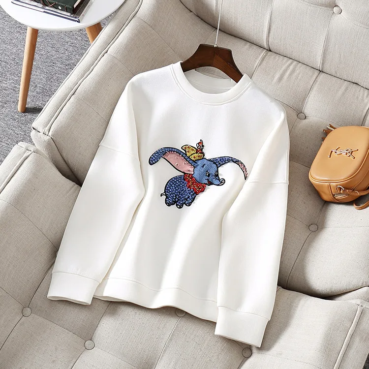 Осенняя женская Свободная Толстовка высокого качества с вышивкой, модные пуловеры со стразами, свитшоты B009 - Цвет: Белый