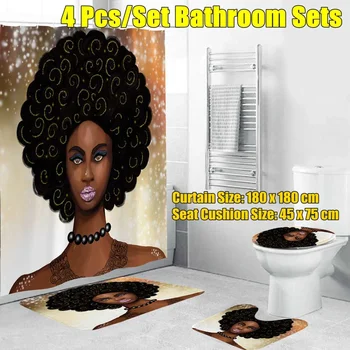 

Africa Girl Printing Bathroom Shower Curtain Set Non-Slip Rugs Toilet Cover and Bath Mat Waterproof Bathroom Curtains Home Decor