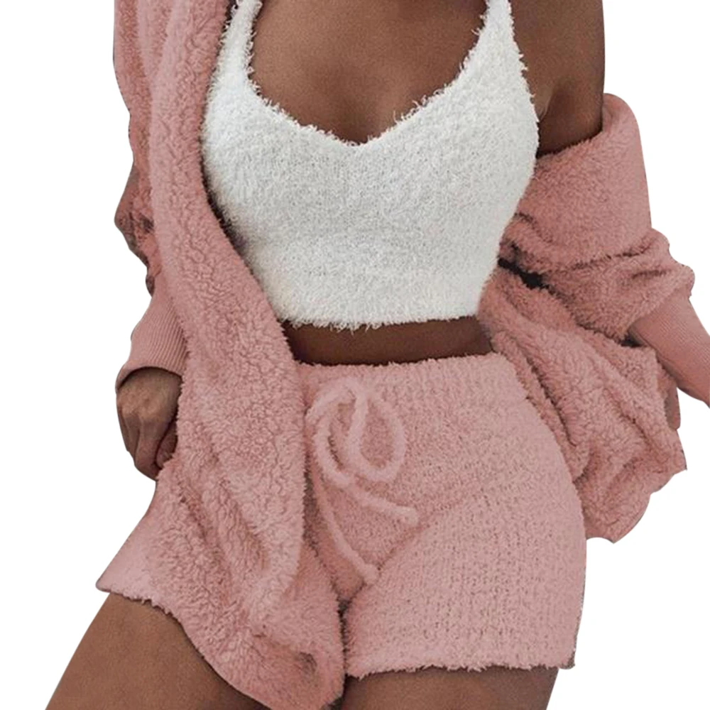 3 Piece Pink Oeak, мягкий длинный плюшевый комплект, куртка с длинным рукавом, женский сексуальный укороченный топ и шорты, костюм,, новые женские спортивные комплекты для отдыха - Цвет: 3 Piece Pink