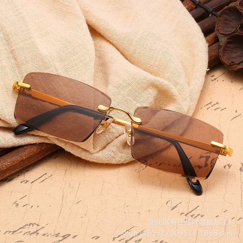 

Luxuru Rimless Sunglasses Men Women Retro Natural Crystal Stone Lens Sun Glasses Driving Goggles Brown UV400 Clear Lens Eyewear