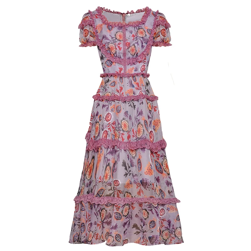 

VERDEJULIAY Runway Dress 2020 Summer Spring New Fashion Bohemian Purple Lace Ruffles Women High Quality Midi Dress Vestidos