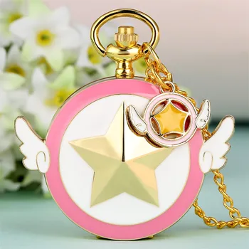 

Cosplay Cardcaptor Sakura Theme Pocket Watch with Heart for Girl Star Magic Cane Necklace Watches with Star Hanging Gift