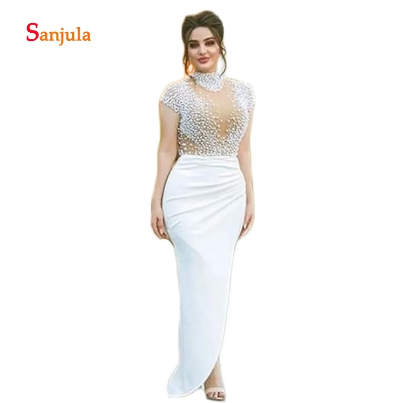 

Pearls High Neck Mermaid African Evening Dresses Long Sparkle Beaded Women Formal Evening Gowns Leg Slit abendkleider D1216