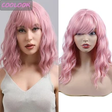 Aliexpress - Pink Short Bob Women’s Wigs with Bangs Natural Synthetic Water Wave Bob Wig Light Pink Wavy Shoulder Length Wig Peruca Cosplay