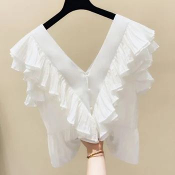 

Blusas Mujer De Moda 2020 Summer Korean Style New Ruffled Pleated Top V-neck Halter Sweet Shirt Women's Fashion Blouse Blouses