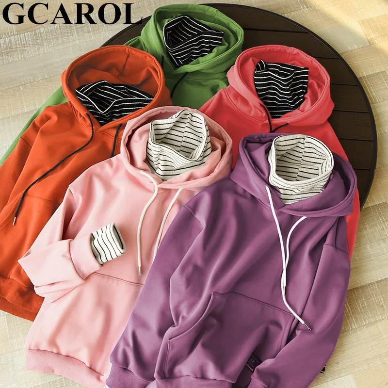  GCAROL New Winter Women Fleece Sweatshirt Fake 2 Pcs Hooded Thick Oversized Turtleneck Drop Shoulde