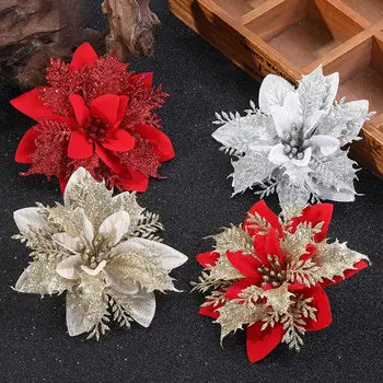 

20pcs/Set Christmas Poinsettia Flower Creative Artificial Flower Premium Fabric Xmas Tree Decorative Flower Festival Ornament