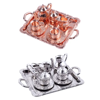 

2 Set Dollhouse Miniature 1: 12 Toy 8 Pcs Metal Tea Set Length 6.5Cm, Rose Gold & Silver