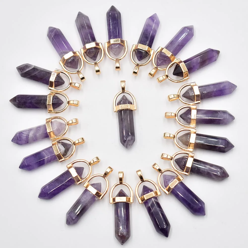 

Fahsion bestselling Natural stone amethysts Charms Hexagonal healing Reiki Point pendants for jewelry making 24pcs/lot Wholesale