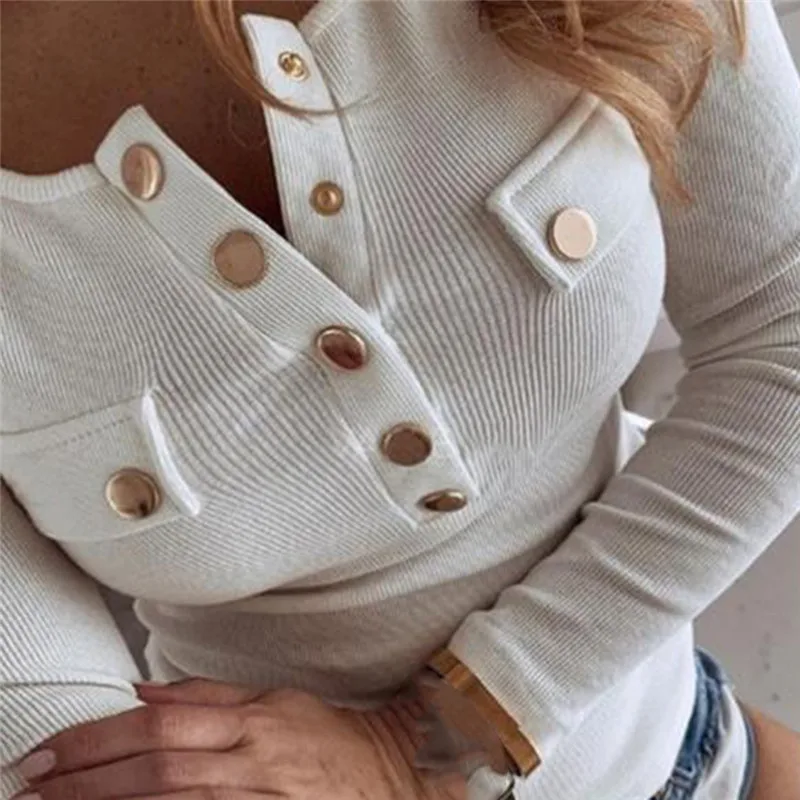 2020 Cotton Women spring O Neck Pullover Long Sleeve T shirt Loose Leisure Buttons feminina Tee Female Tops Plus Size S-2XL
