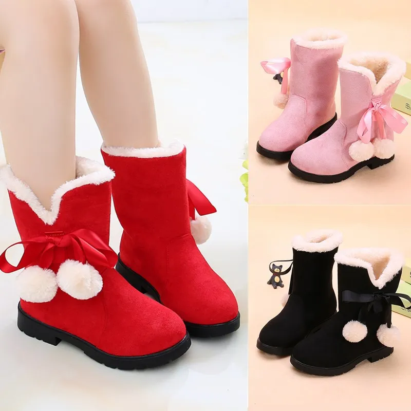 2023 Winter Girls Boots Warm Plush Children Snow Boots Kids Princess cotton shoes Girls Pink Red Black 4 5 6 7 8 9 10 11 12 13T