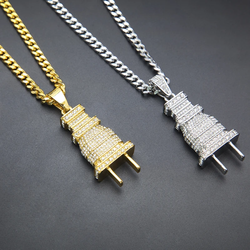 

Hip Hop Long Pendant Necklace Chain Men Punk Rhinestone Wall Plug Necklace Silver Gold Crystal Necklace Boyfrind Gift