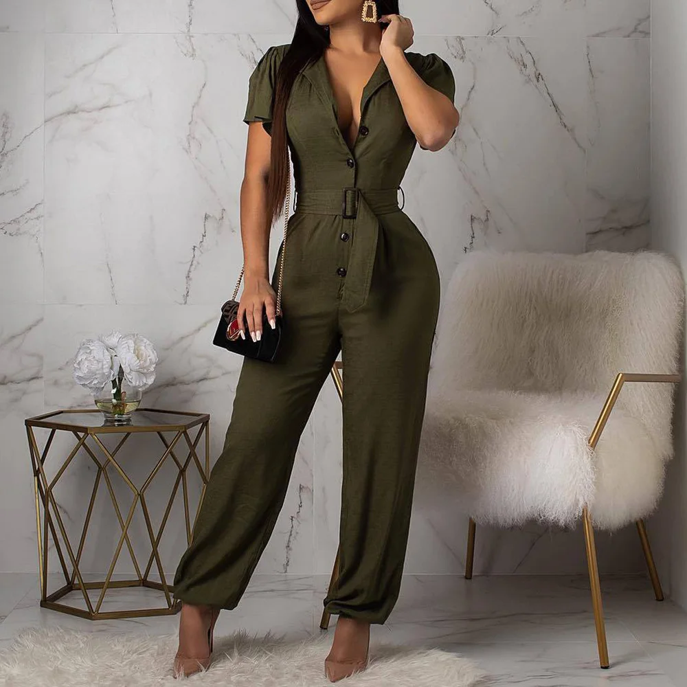 

Sexy Solid Color High Waist Belt Jumpsuits 2020 Summer African Women Rompers Casual Female Short Sleeve Jumpsuits Rompers Green