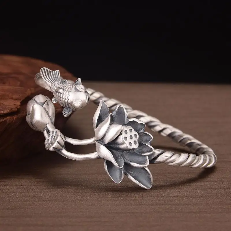 New Retro Elegant Temperament Ethnic Style Wild Personality Female Lotus Bracelet Opening Adjustment | Украшения и аксессуары