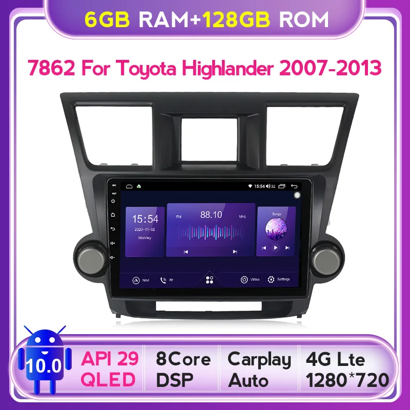 Автомагнитола для Toyota Highlander 07-14 6G + 128G Android 10 QLED 4G LTE GPS-навигатор | Автомобили и