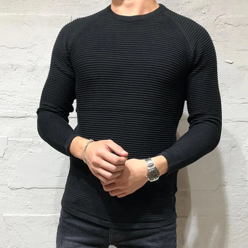 Волнистый свитер Повседневное Slim fit пуловер осень вязаный, с круглым вырезом в полоску, со вставками, на зиму, теплые классический свитер