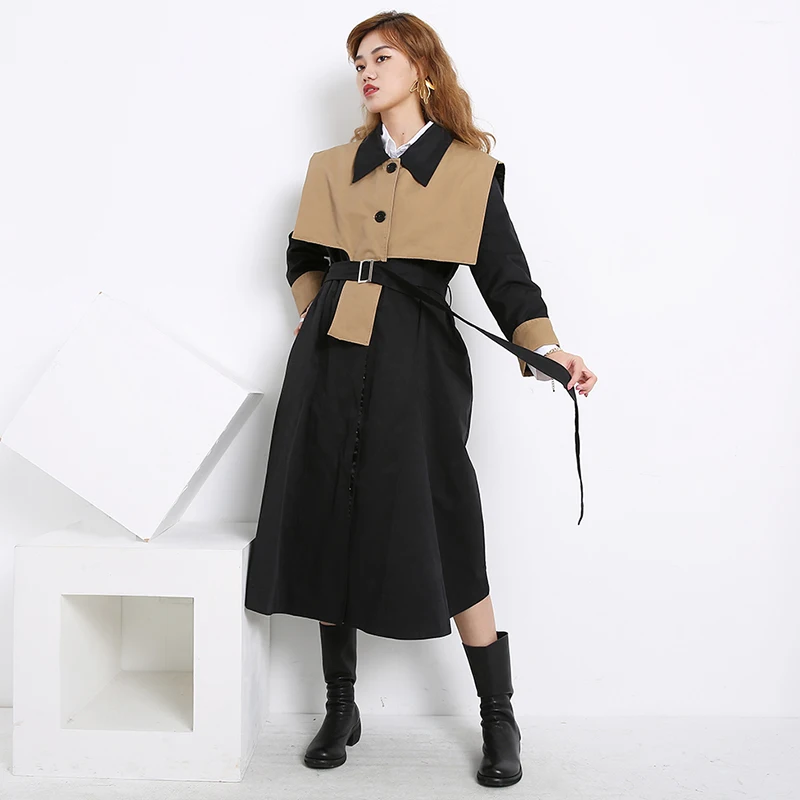 [EAM] Women Contrast Color Big Size Long Trench