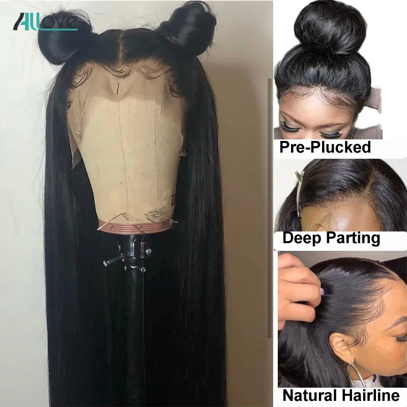 Online Allove pelucas frontales de encaje recto cabello humano Remy 360 peluca Frontal de encaje 13X4 13X6 peluca Frontal de encaje recto brasileño 250 de densidad