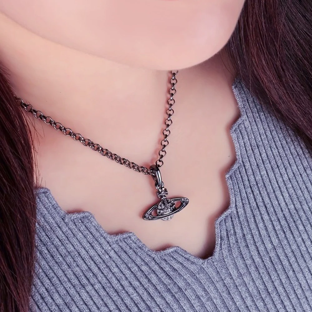 XIAOJINGLING Bling Кристалл Стразы Сатурн планета подвеска колье ожерелье 45 см сверкающие ювелирные изделия подарок для женщин девочек - Окраска металла: Black
