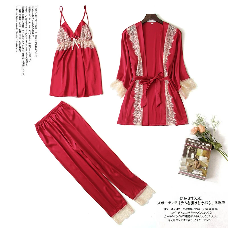 

Summer 3 Pieces Women Pajamas Set Red Satin Sleepwear Silk Nightwear Spaghetti Strap Lace Sleep Lounge Pijama With Chest Pads
