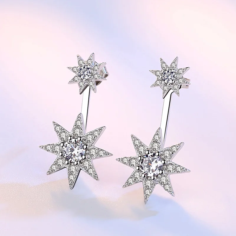 

Korean version of the stylish atmosphere octagonal awnings micro-studded silver earrings female back-hanging silver ear jewelry