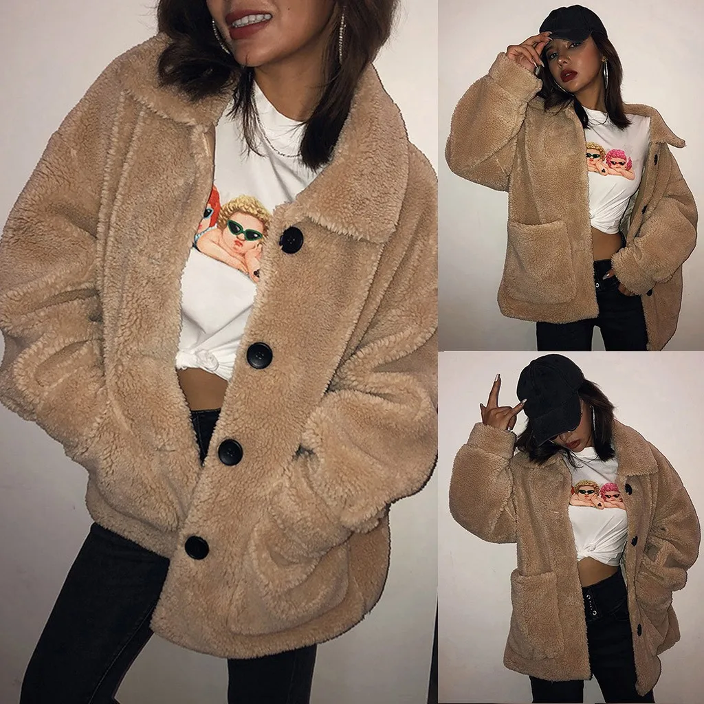coats and jackets Women's Winter Solid Color Pocket Long Sleeve Plush Sweater Casual Blouse Tops chaquetas mujer manteau femme
