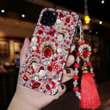 

For iPhone 11 pro Luxury China Red retro style Bling Crysta Diamond case for iphone XS max XR X 8 6S 7 plus gift case + strap