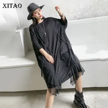 

XITAO Ruffle Black Dress Women Fashion New Women 2020 Spring Pullover Pleated Plus Size Casual Style Loose Dress Top XJ4423