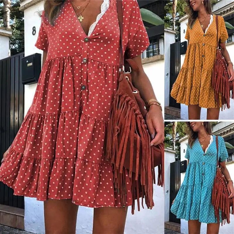 Women's Pleated Dress Short Sleeve V-neck Button 2021 Summer Beach Dress One Line Loose Polka Dot Party Dress