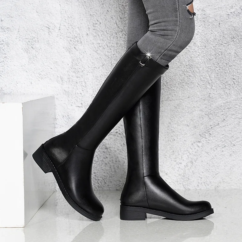 

Knee-High Boots Versatile Middle Boots Women's 2019 New Style Spring Autumn Winter Leather Boot Chunky-Heel Boots Flat plus Velv
