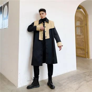 

Male Japan Harajuku Streetwear Vintage Loose Casual Jacket Outerwear Men Black Splice Khaki Cloak 3/4 Long Trench Coat Overcoat