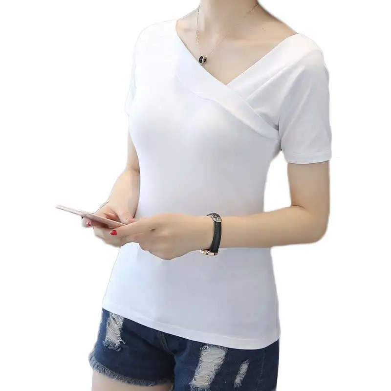2019 Summer Retro Office Lady T-shirt Sexy Off Shoulder Oblique Collar Tops Solid Color Temperament Short Sleeve | Женская одежда