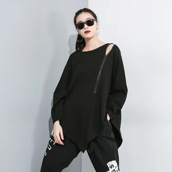 

2020 New Arrivals O Neck Zipper Patchwork T Shirts Long Sleeve BF Styles Trend Irregular Black Color T Shirts Female A71Z40