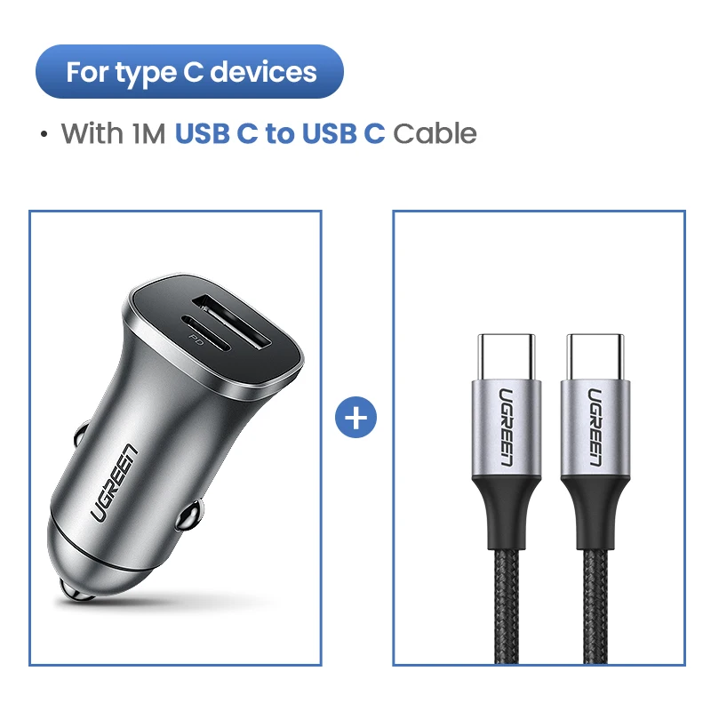 Ugreen Quick Charge 4.0 3.0 QC USB Car Charger for Xiaomi QC4.0 QC3.0 18W Type C PD Car Charging for iPhone 11 X Xs 8 PD Charger - Тип штекера: Add 1M USB C-USB C