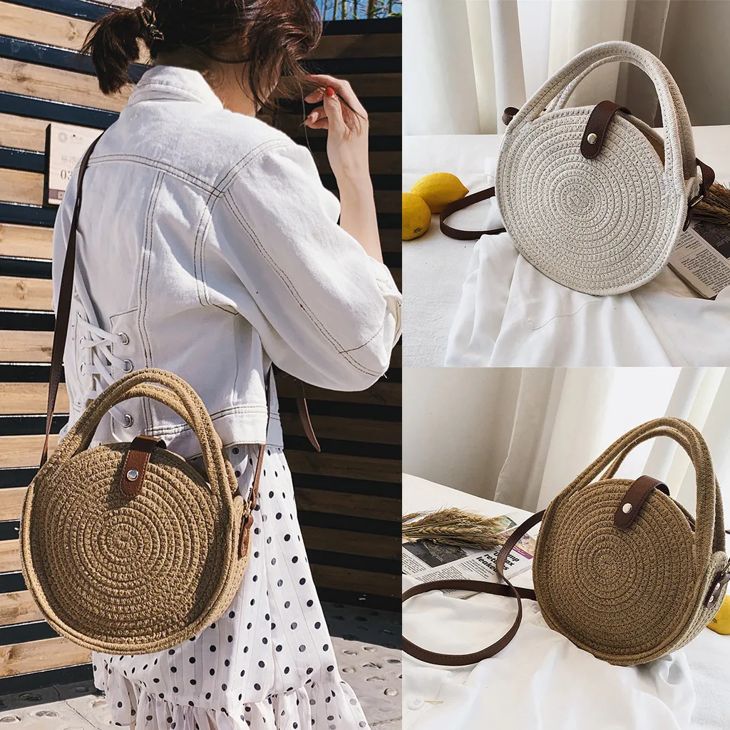 Sling Shoulder Bag Handmade Round Beach Handbag Travel Bohemian Straw Hand Woven Bags Crossbody Bag For Women Summer Handbags