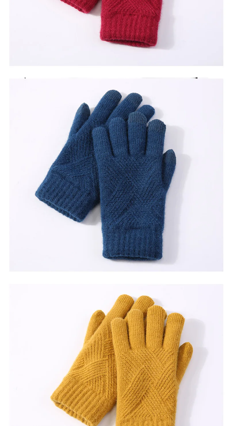 Men Women Winter Warm Knit Full Finger Mittens Female Solid Woolen Touch Screen Thick Velvet Warm Cycling Driving Gloves H46