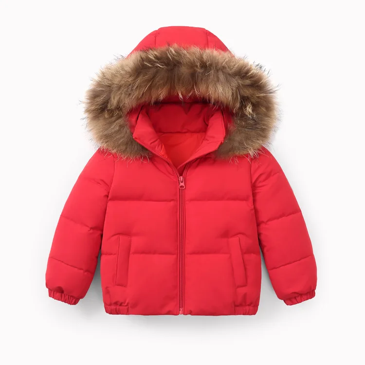 Children's Down Garment New Girls'Long and Thickened Boys' Little and Middle Children's Baby Jacket with Big Hair Collar - Цвет: Красный