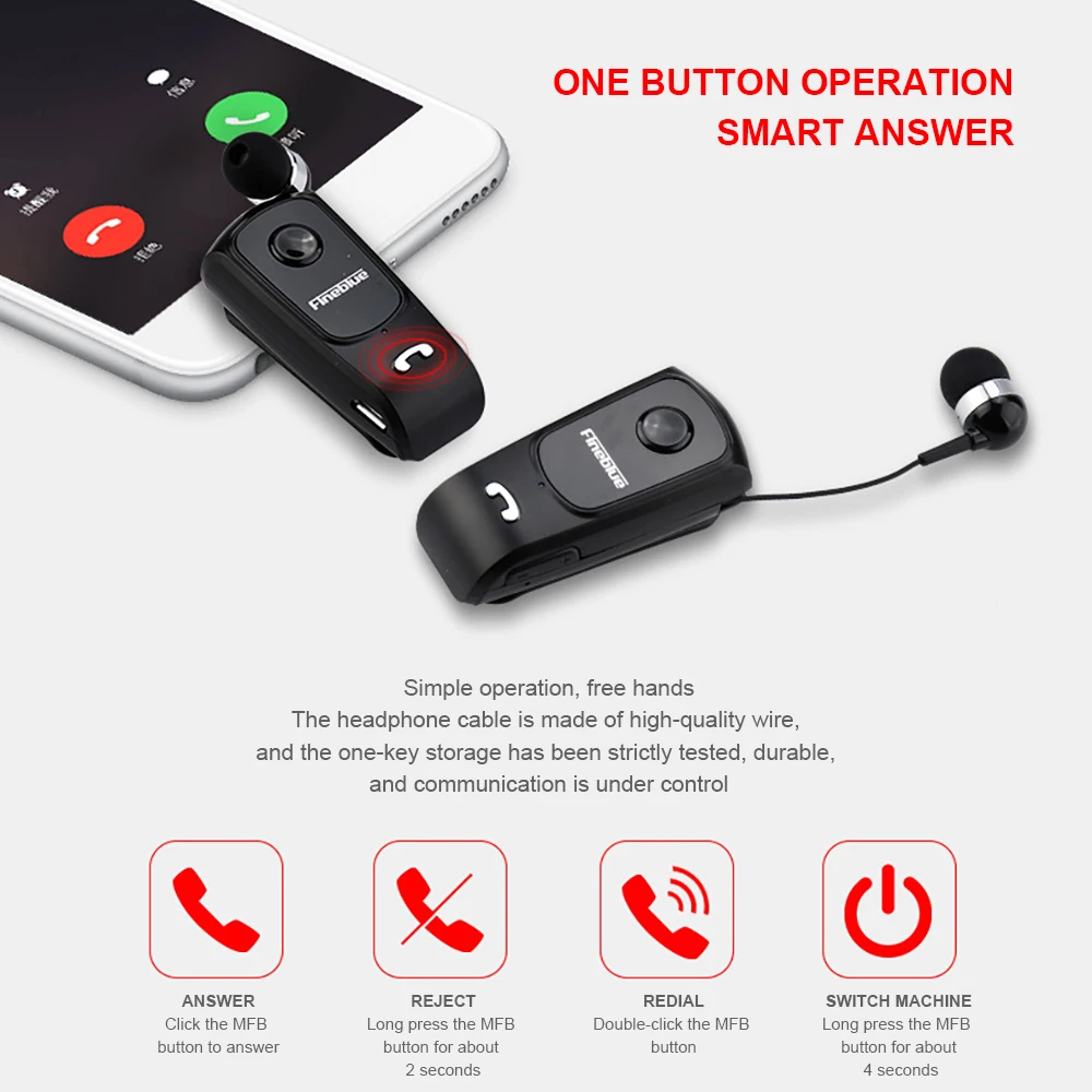 HD Call Noise Reduction Wireless Retractable Portable Bluetooth Headset Calls Remind Vibration Wear Clip Sports Running Earphone