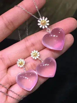 

Natural Rose Quartz Women Star Light Necklace Pendant 20mm Heart Love Carved Mozambique Flower Gift Crystal Earrings AAAAA