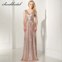 Sparkly Rose Gold Pleated Sequined Long V Neck Bridesmaid Dresses Real Photos Wedding Party Gown Robe De Soirée Paillettes SD349