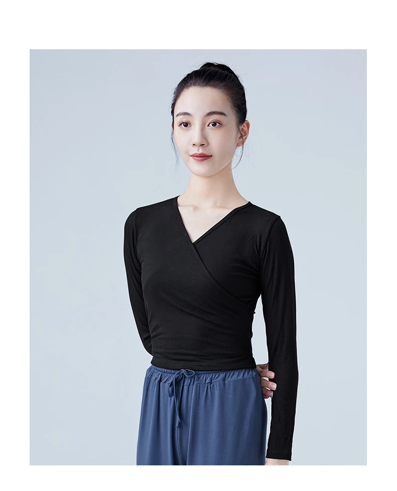 Frau Ballett Wrap Tops Gestrickte V-ausschnitt Dance Shirts Bandage Tops Erwachsene Langarm Training Dance Yoga Tops Tanz Kostüme – Detail 5