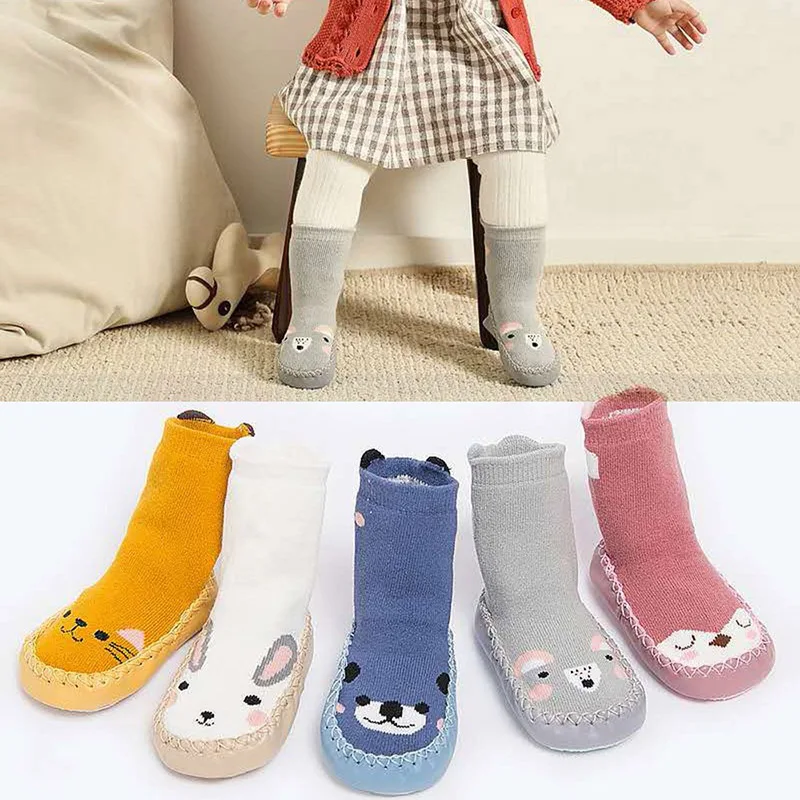 Детские толстые теплые нескользящие носки с рисунками животных для маленьких мальчиков и девочек модные милые тапочки