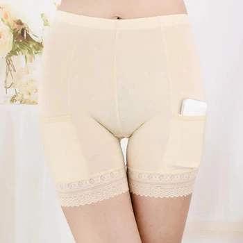 

Women High Quality Breathable Underwear Ladies Elastic Pants Pocket Lace Patchwork Safety Short Pants Female Plus Size Shorts