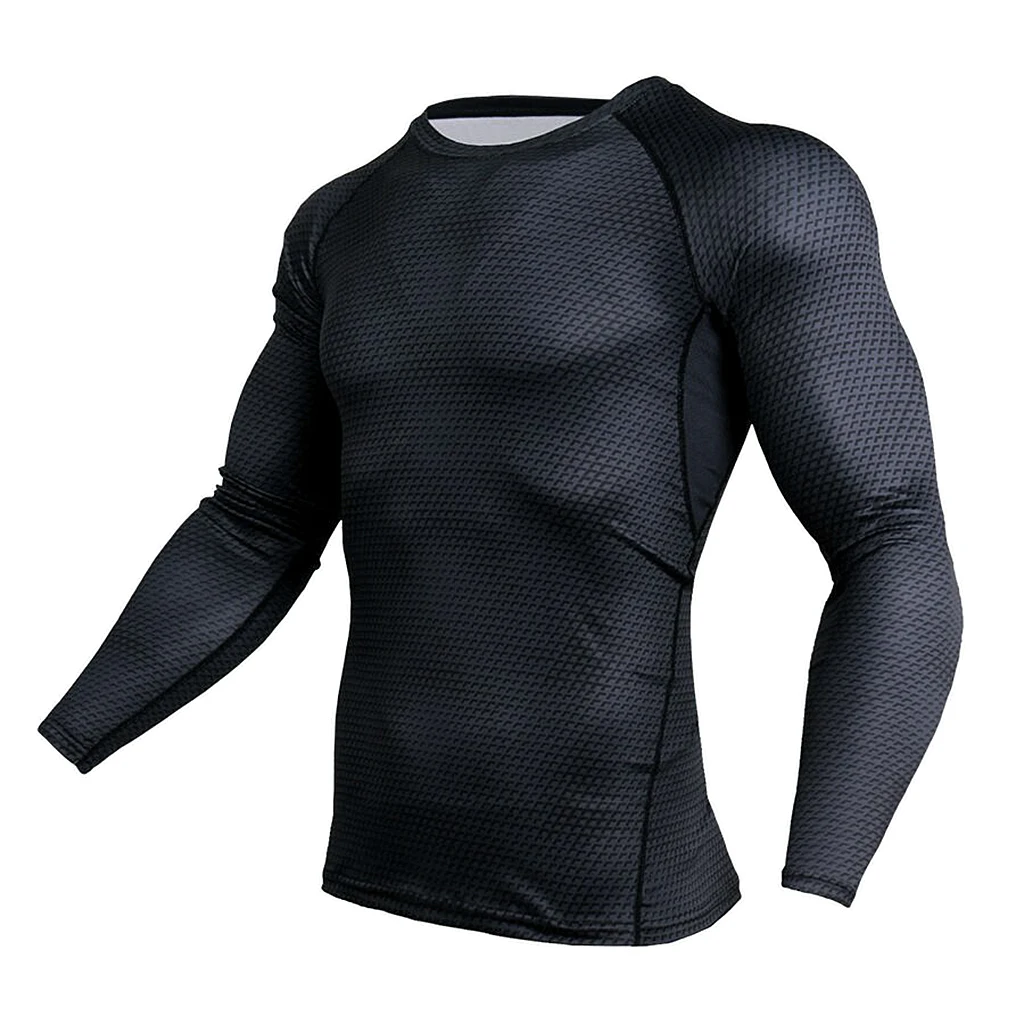 Men Black Long Sleeves Tights Sports Shirt Fitness Compression Tops S-3XL