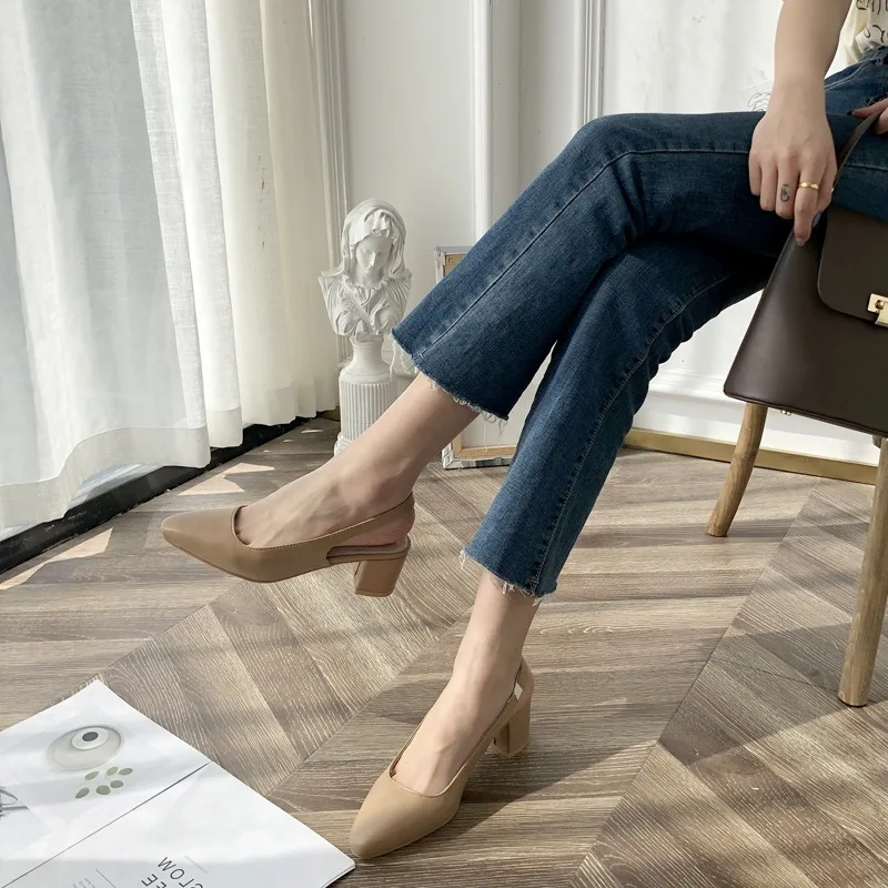 

High Pointed Shoes Women's 2019 Mary Documentary Spring Semi-high Heeled Chunky-Heel New Style Jane Viscose Shoes Ride Skirt xia